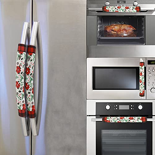 AnyDesign 5Pcs Christmas Refrigerator Door Handle Cover Set Plaid Poinsettia Flower Pattern Fridge Handle Protectors Microwave Handle Cover Christmas Ornament for Kitchen Home Decoration