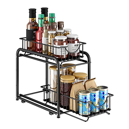 LEGUANG Stackable Under Sink Storage 2 Tier Sliding Basket Organizer Drawer for Countertop Cabinet Pantry Under The Sink Desktop Black