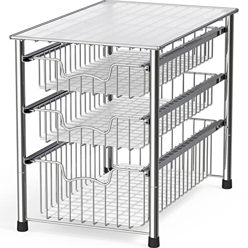 Simple Houseware Stackable 3 Tier Sliding Basket Organizer Drawer Chrome