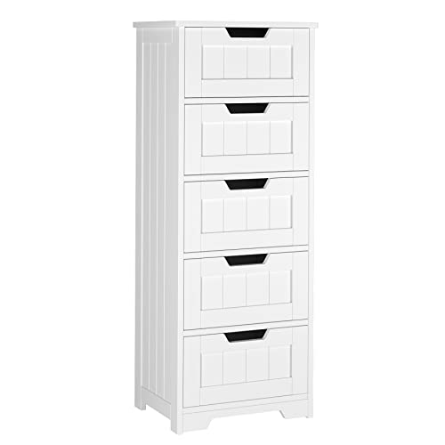 TTVIEW Bathroom Floor Cabinet with 5 Drawer Dresser White Tall Storage Cabinet with AvoidTipping Device Freestanding Side Storage Cabinet Narrow Drawers for Small Spaces