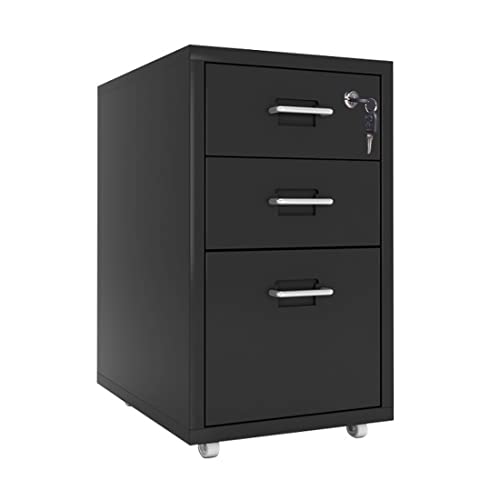 Zakamaur Storage Cabinet 3 Drawer Small Metal Lockable Endtable Nightstand with Wheels for Office Home Black
