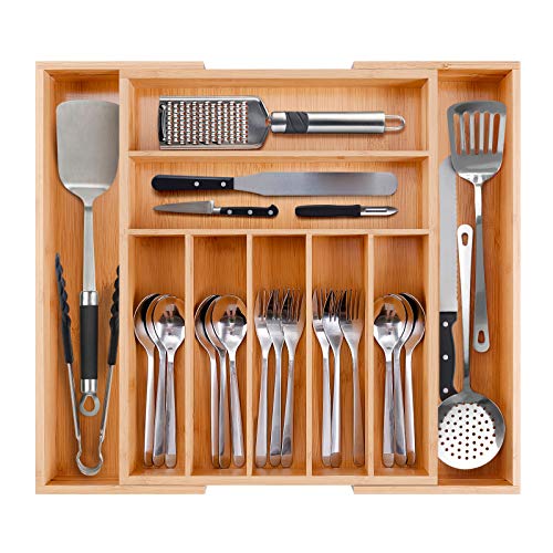 Bamboo Kitchen Drawer Organizer  Expandable Silverware Tray Utensil Organizer Cutlery Holder for Flatware and Kitchen Utensils (9 Slots 25 Deep)