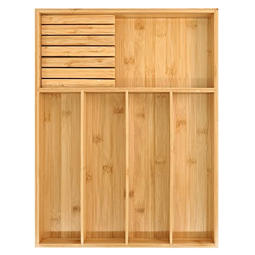Bamboo Silverware Organizer Utensil Holder for Drawer Wooden Cutlery Tray with Divider for Kitchen Flatware Storage and Removable Knife Block 13 x 17 inches