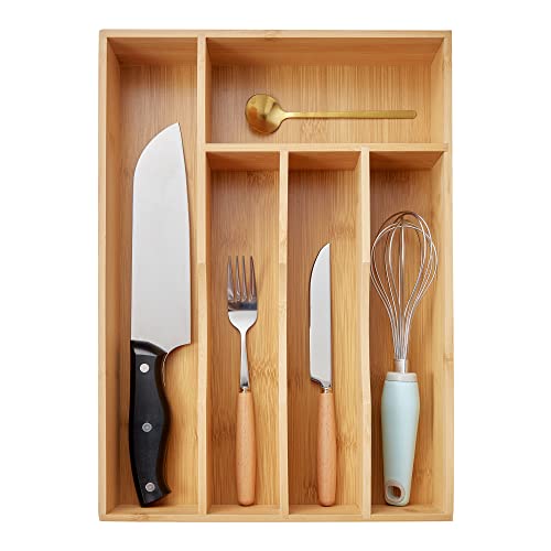 ORIDOM 5Slots Bamboo Silverware Drawer Organizer for KitchenBamboo Wood Cutlery Tray in Drawer for Flatware and Utensils in Kitchen (Natural)