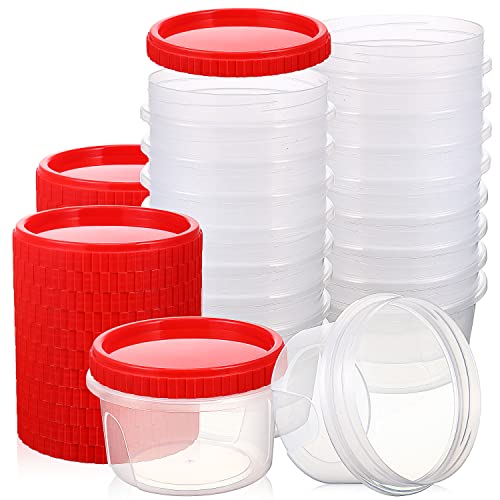 50 Pack 14 oz Twist Top Deli Containers Clear Bottom With Red Top Screw on Lids Plastic Food Storage Containers Leakproof Round Stackable Microwaveable Freezer Bowls for Slime Meal Dishwasher