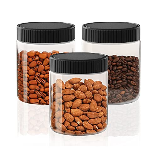 8 Oz Clear Plastic Jars with Black Lids Refillable Kitchen Storage Containers for Dry Food Coffee Nuts and More 3 Pack