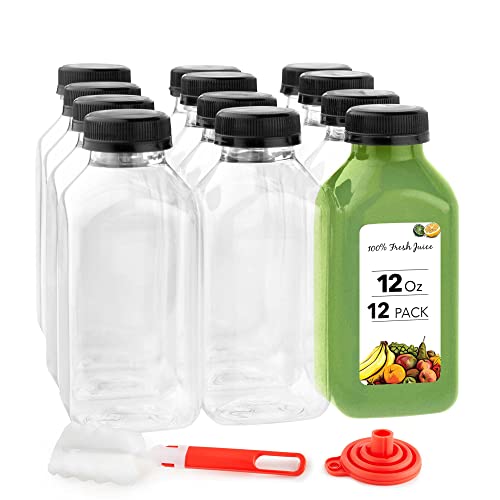 12 oz Juice Bottles with Caps for Juicing (12 pack)  Reusable Clear Empty Plastic Bottles  12 Oz Drink Containers for Mini Fridge Juicer Shots  Mini Water Bottles  Includes Labels Brush  Funnel