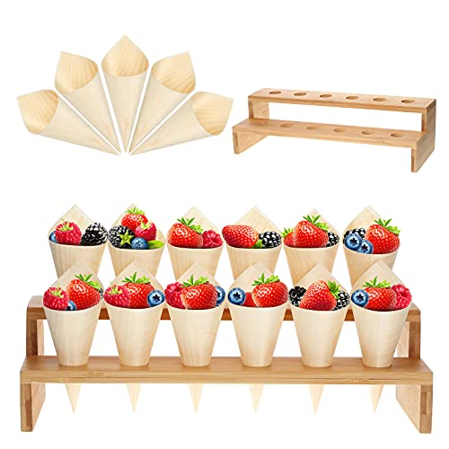 100 Pieces Disposable Wood Cones Vintage Wooden Food Cones with 12 Holes Food Cone Display Stand Cone Holder for Charcuterie Restaurants Ice Cream Catered Events Party or Buffets (BeigeBamboo)