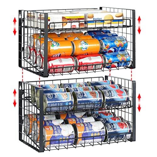 4Tier Stackable Can Rack Organizer for Pantry Adjustable Can Dispenser Holds Up to 62 Cans Can Storage Holder for Various Ounces of Canned Food Soda Drinks Black