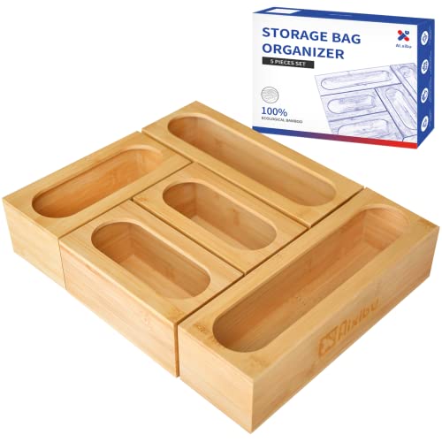 AIXibu Ziplock Bag Storage Organizer for Kitchen Drawer，Bamboo Food Storage Bag Holders，Suitable For Most Brands of Gallon Quart Sandwich Snack Zip Lock or Slider Bags (5 Pieces set）