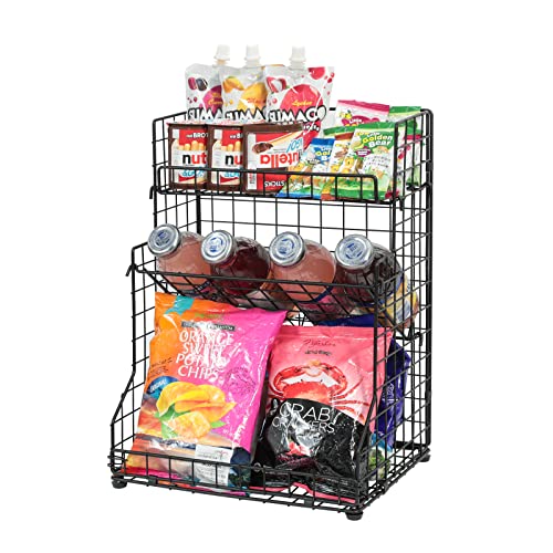 Xcosrack 3Tier Food Packet Organizer Rack Bins with Adjustable Tilting Design for Pantry StorageMetal Wire Snack Spice Holder for Kitchen Bathroom Cabinets Countertops