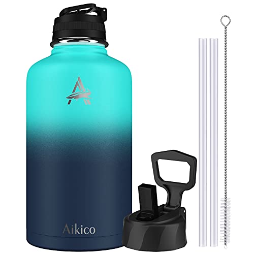 64oz Sports Water Bottle Aikico Stainless Steel Water Bottle with Straw Lid Double Vacuum Insulated Thermos Mug Reusable Wide Mouth Flask Thermos for Hot and Cold Drinks(Ocean)