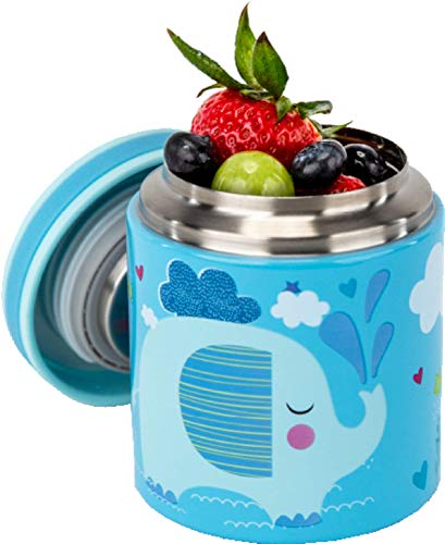 Blue ELE Vacuum Insulated Jar  Thermos for Kids BPAFree Lunch Containers DoubleWall 304 Food Grade Stainless Steel 14 oz Keep Hot 12hr  Cold 24hr Blue with Pattern