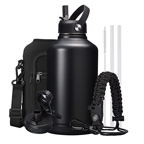 DIGJUPER Insulated Water Bottle 64oz  w Paracord Handle Straw  Spout Lids Carrier Bag Half Gallon Sport Stainless Steel Water Flask Jug Thermo Mug Doublewall Vacuum Insulated Water Bottle