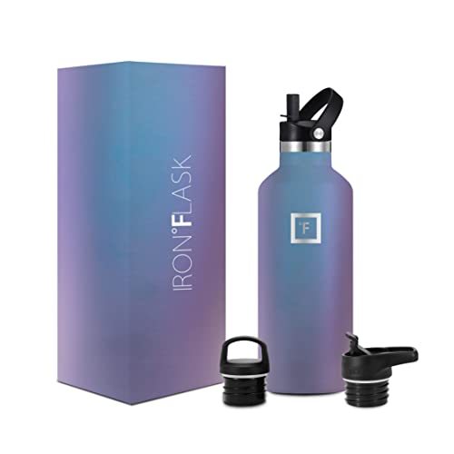 IRON °FLASK Sports Water Bottle  32 Oz 3 Lids (Straw Lid) Leak Proof Vacuum Insulated Stainless Steel Hot Cold Double Walled Thermo Mug Standard Metal Canteen  Aurora