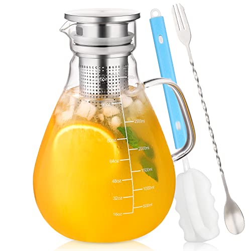Glass Pitcher with Lid  Removable Fruit Infuser Filter 1056OZ Glass Water Pitcher with Precise Scale Line  Mix Spoon HOUSALE 188 Stainless Steel Lid Iced Tea Pitcher Easy to Clean