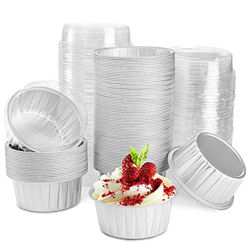 DEAYOU 100Pack Aluminum Foil Muffin Cups Ramekins 5oz Disposable Cupcake Baking Liner with Lid 3 Recyclable Mini Tart Pie Tin Pan Holder for Creme Brulee Party Wedding Silver Color