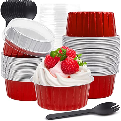 50 Sets  5 Oz Aluminum Cupcake Liners with Lids Disposable Foil Baking Cups Muffin Tins Jumbo Muffin Liners for Wedding Birthday Party with 50 Spoons  Red