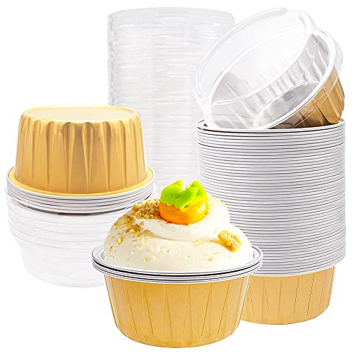 50 Pcs 5oz Aluminum Foil Baking Cups with LidsGold Dessert Baking Cups HoldersDisposable Foil Ramekins Pans for WeddingChristmasVarious Holiday Parties（26x14x3）