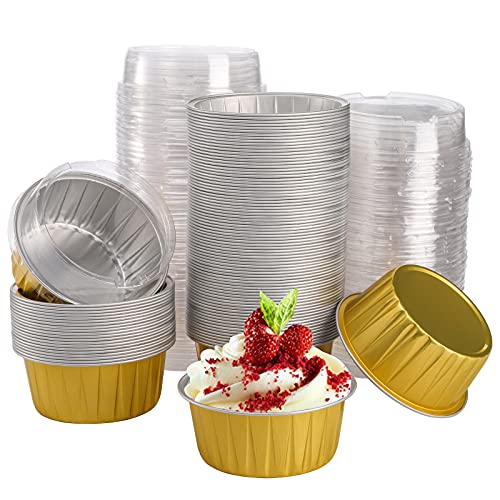 DEAYOU 100Pack Aluminum Foil Baking Cups with Lids 5oz Disposable Muffin Cupcake Ramekins 3 Recyclable Cupcake Foil Liners Mini Tart Pie Tin Pan Holder for Souffle Pudding Party Wedding Gold
