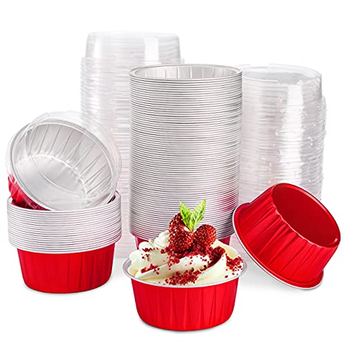 DEAYOU 100 Pack Aluminum Foil Ramekins with Lids 5oz Muffin Cupcake Baking Liners Cups 3 Round Disposable Recyclable Tart Pie Tin Pan Holder for Pudding Party Wedding Oven Freezer Safe Red