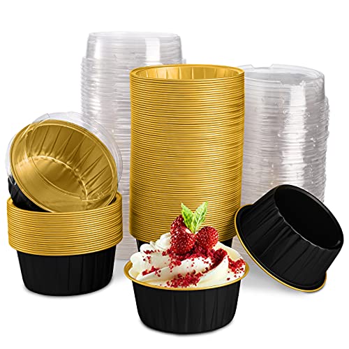 DEAYOU 100 Pieces Aluminum Foil Baking Cups with Lids 5oz Disposable Ramekins Muffin Cups 3 Cupcake Foil Liners Tart Pie Tin Pan Holder for Pudding Souffle Party Wedding Black Gold Color