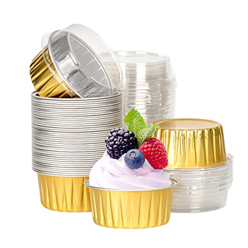Gold Aluminum Foil Baking Cups with Lids 100pcs ，125ml Aluminum Foil Cupcake Liners Cups with Lids 5oz Disposable Foil Baking Cake Cups Aluminum Muffin Cups for Bakery Wedding Birthday Party