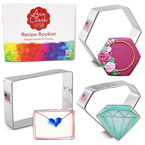 Ann Clark Cookie Cutters 3Piece Geometric Shapes Cookie Cutter Set with Recipe Booklet Rectangle Hexagon Gem