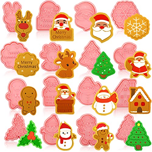 16 Pcs Christmas Cookie Cutters with Plunger Stamps Set 3D Snowflake Cookie Stamps Santa Cookie Cutter for Baking Include Snowman Santa Christmas Tree Reindeer for Kitchen Baking (Santa Style)