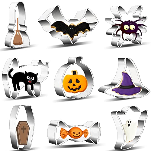 9 Pcs Halloween Cookie Cutters Pumpkin Candy Bat Ghost Cat Witch Hat Broom Spider Coffin Halloween Goodie Bag Filler for Kid Trick or Treat Food Mold