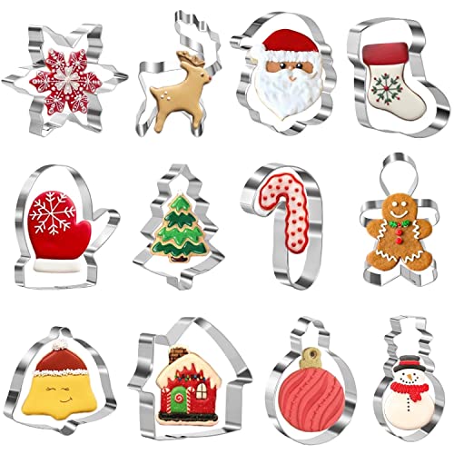 Crethinkaty Christmas Cookie Cutter Set 12 Pieces Stainless steel Gingerbread ManSnowflakeSnowmanChristmas TreeReindeer and More Shape Xmas Cookie Cutters for Baking
