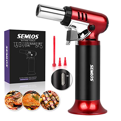 Semlos Butane Torch with Fuel Gauge Refillable Cooking Torch Lighter Onehanded Operation Blow Torch with Safety Lock and Adjustable Flame Fit All Butane Tanks Kitchen Torch for Creme Brûlée BBQ