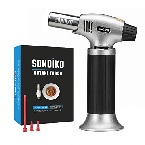 Sondiko Butane Torch S400 Refillable Kitchen Torch Lighter Fit All Butane Tanks Blow Torch with Safety Lock and Adjustable Flame for Desserts Creme Brulee and Baking—Butane Gas Is Not Included