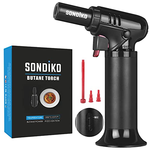 Sondiko Butane Torch with Fuel Gauge S907 Refillable Kitchen Torch Lighter with Safety Lock and Adjustable Flame Onehanded Operation Fit All Butane Tanks Kitchen Torch for Desserts Creme Brulee