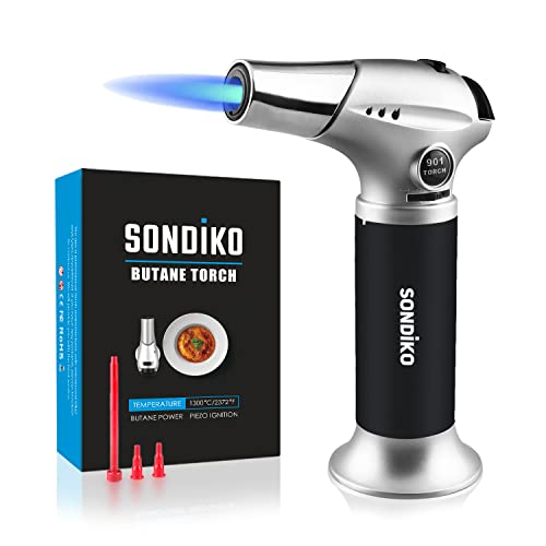 Sondiko Kitchen Torch S901 Blow Torch Refillable Butane Torch with Safety Lock and Adjustable Flame for DIY Creme Brulee BBQ and Baking Butane Gas Not Included