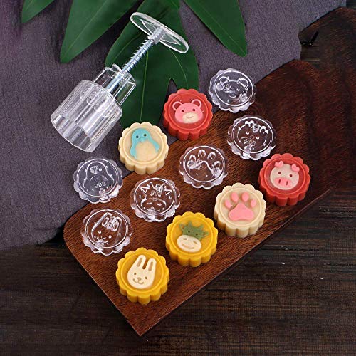 Mooncake Mold 50g Hand Press Cookie Stamps Cookie Cutters Pastry Tool Moon Cake Maker with 6 Adorable Animal Patterns