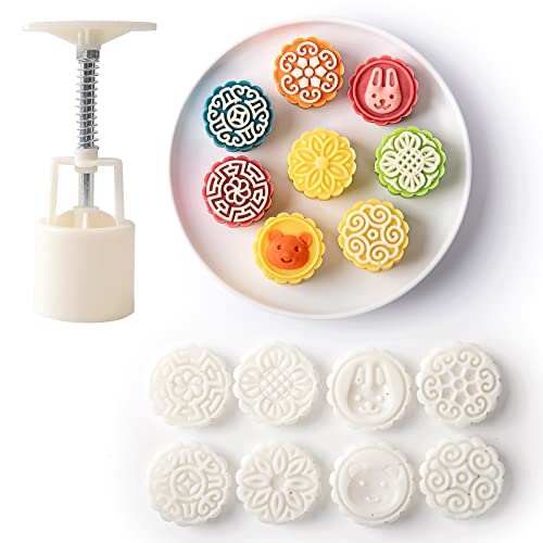 Mooncake Mold Set Mooncake Press Molds Mid Autumn Festival DIY Hand Press Cookie Stamps Pastry Tool with 50g 8pcs Mode Pattern Mooncake Maker (White)