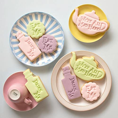 YMH Eat Me Cake Alice In Wonderland Crazy Teapot Drink Me Treat Dessert Quotes Mad Cutter Cookie 2021 Cookie Molds With Good Wishes (Color  3pcs)