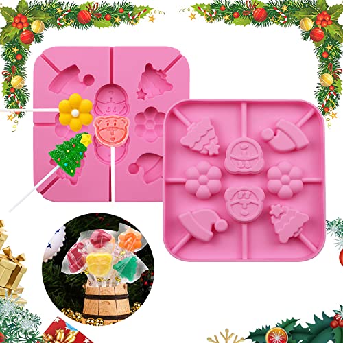 2 Pcs Christmas Silicone Molds Tray 2x8 Cavity Chocolate Hard Candy Mold Chocolate Molds with 40 Count Lollypop Sucker Sticks for Halloween Christmas Parties（Pink）
