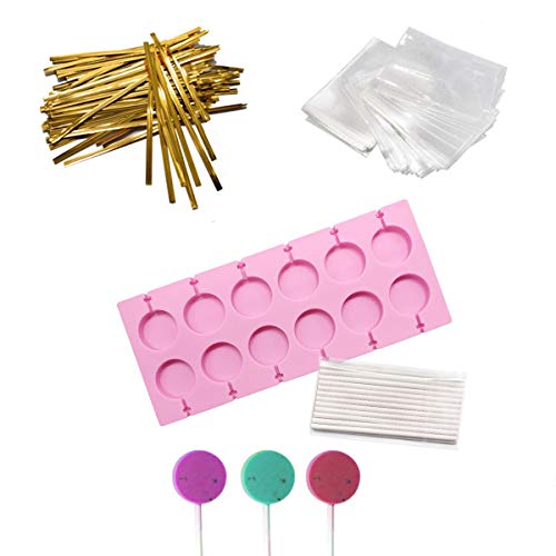 AKINGSHOP 12 Capacity Silicone Lollipop MoldsChocolate Hard Candy Mold with 50pcs 4 inch Lollypop sucker sticksCandy Treat Bagsgold ties (Round pink)