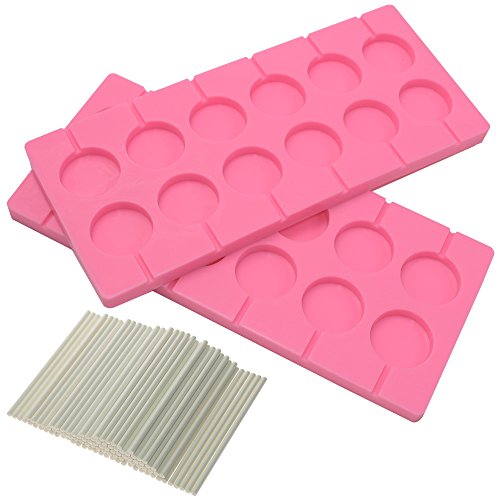 BIGTEDDY  2x 12Capacity Round Chocolate Hard Candy Silicone Lollipop Molds with 100 count 4 inch Lollypop Sucker Sticks for Halloween Christmas Parties