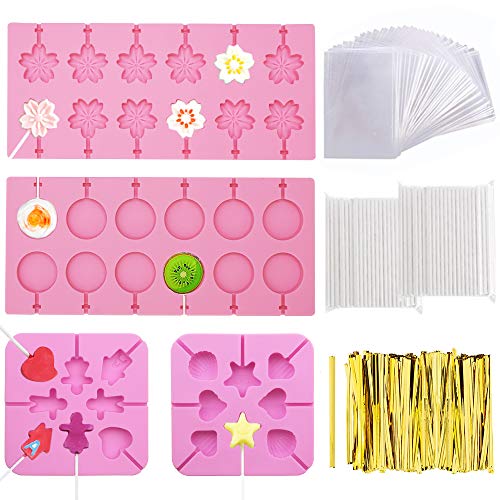FULANDL 4Pack Silicone Lollipop Molds Round Trays Cherry Blossoms Heart Chocolate Hard Candy Mold with 760Pcs Gold Ties 200Pcs Lollipop Sticks 100Pcs Lollipop Bags