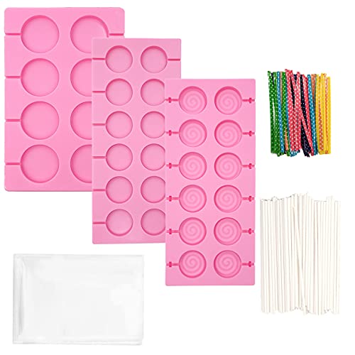Shxmlf 3 Pack Silicone Lollipop Molds Round Swirl Shape With 50Pcs Lollipop Sticks and Bags Hard Candy Sucker Mold Chocolate Biscuit Baking Tool 8 Holes and 12 Holes Set(Pink)