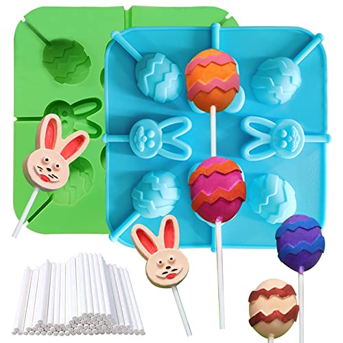 YHCH 2 Pack Easter Silicone Lollipop Molds 8 Cavity Chocolate Hard Candy Sucker Molds Rabbit Mouse Candy Mold with 80 Count Lollypop Sucker Sticks for Party Holiday supplies