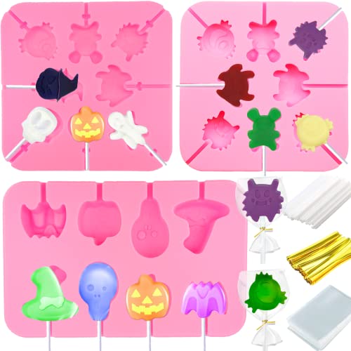 303Pcs Halloween Lollipop Molds Set Halloween Candy Mold Pumpkin Evil Skull Ghost Silicone Molds Lolly Pop Tray Sucker Molds Hard Candy Mold Chocolate Mold with Lollipop Sticks Treat Bags Twist Ties