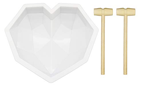 FineLife Big Silicone Diamond Heart Shaped Chocolate Mold Tray with 2 Wooden Hammers for Making Breakable Mousse Cake Chocolate Cheesecake for Mothers DayHappy Birthday Gift