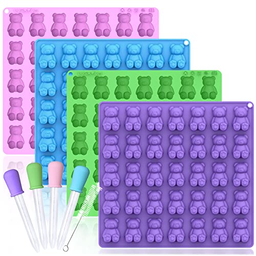 Gummy Bear Molds Silicone 5ML Large 4pcs Candy Trays for 140 Cavity Chocolate Jello No Stick Bpa Free Ice Mould With 4 Droppers and Brush Ideal Gift for Kids Candies Lovers