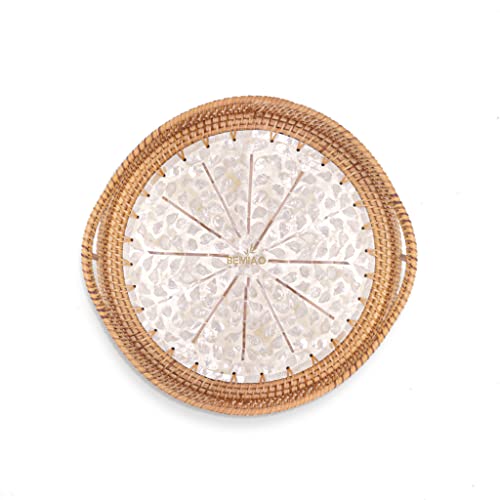 B BEMIAOCRAFTS Size 1378 Round Rattan Tray with Mother of Pearl Inlay Wooden Base Lacquer Serving Basket with Handle for Kitchen Coffee Table Decor Mother of Pearl Decoration and Display