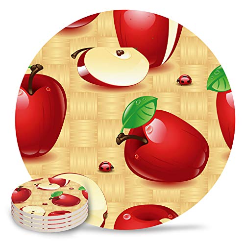 Drink Coasters Absorbent Natural Ceramic Stone Bar Coasters Set of 4  Cartoon Apples Fruits Pattern Cup Mat with Cork Backing Housewarming Gifts for Home Kitchen Decorations