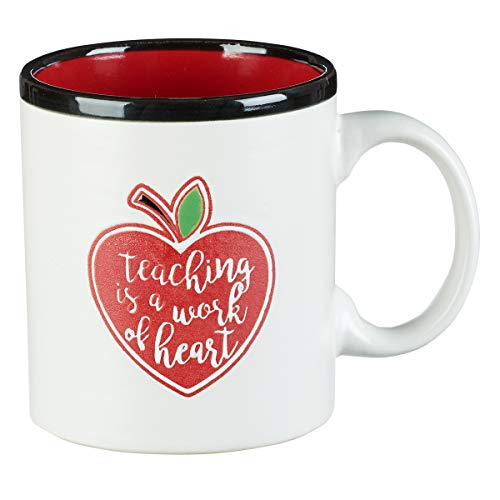 Teaching is a Work of Heart Coffee Mug wRed Heart Apple Teacher Appreciation End of Year Gift 13 oz White Ceramic Microwave Dishwasher Safe